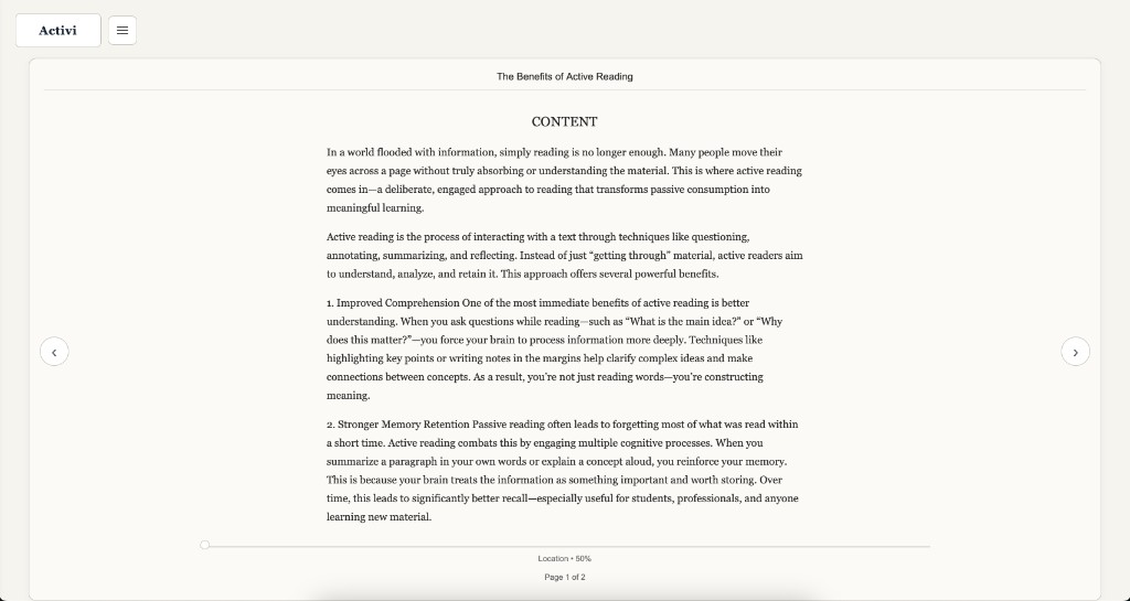 Activi reader: article view with navigation and reading progress
